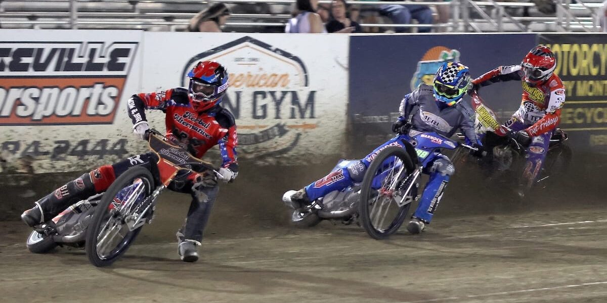 Timmy Dion (left) leads Louie Mersaroli (middle) and Billy Janniro (right) in a handicap heat race. Dion won the handicap main event, his third of the season. Aug 14 2026 - 2026 Speedway Final Points Night & Team Challenge Final.