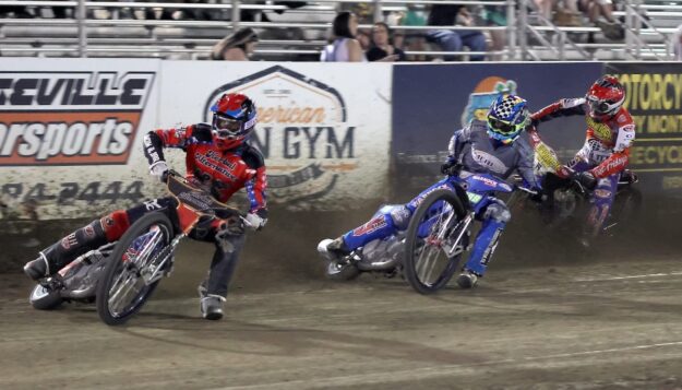 Timmy Dion (left) leads Louie Mersaroli (middle) and Billy Janniro (right) in a handicap heat race. Dion won the handicap main event, his third of the season. Aug 14 2026 - 2026 Speedway Final Points Night & Team Challenge Final.