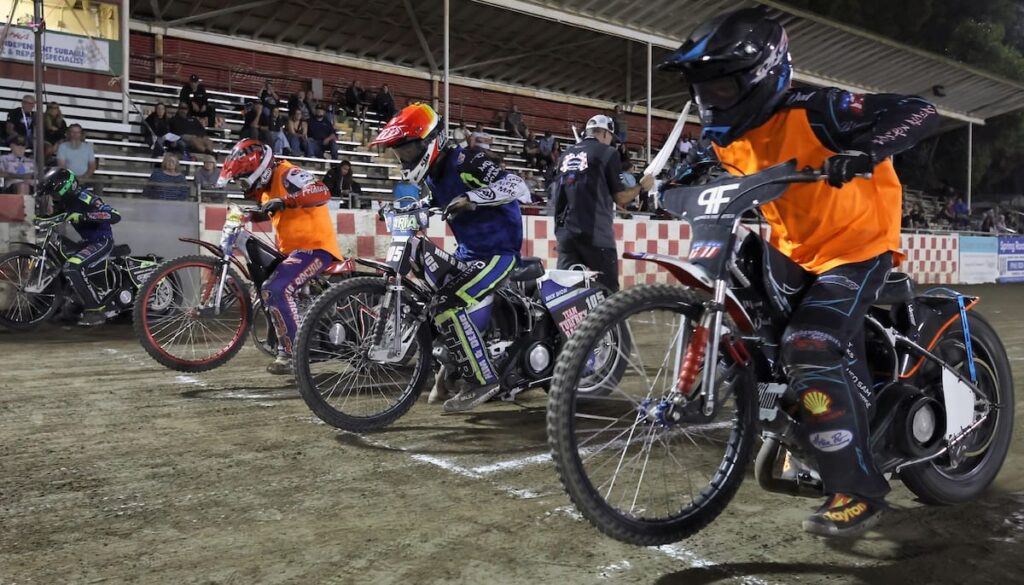 The start of heat one in the Team Challenge championship Friday night. Brady Landon (far left) won the heat and scored three points for Team IFC. Aug 14 2026 - 2026 Speedway Final Points Night & Team Challenge Final.