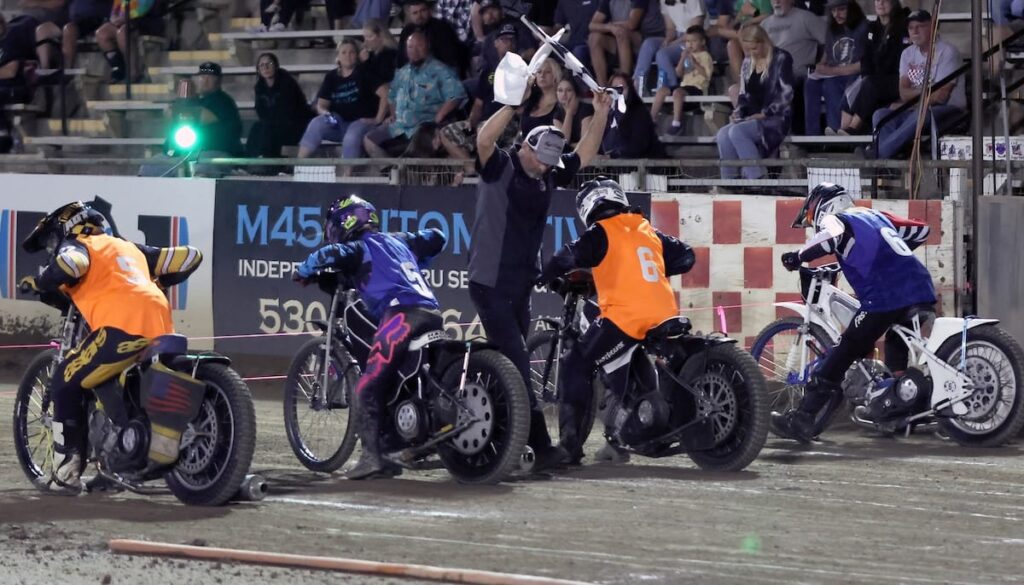 The six round Team Challenge Series came down to one race to settle the championship. Catherine Moore (second from left) (6) Shawn Eldredge (far right) had first and second place finishes scoring five points and cementing the win for Team IFC. Aug 14 2026 - 2026 Speedway Final Points Night & Team Challenge Final.