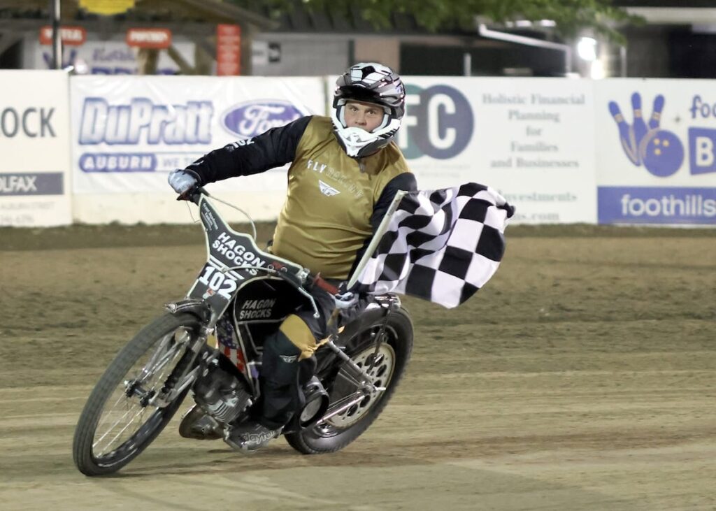 Sean McAndrew takes a victory lap after winning the Support D3 main event, his third of the season. Aug 14 2026 - 2026 Speedway Final Points Night & Team Challenge Final.