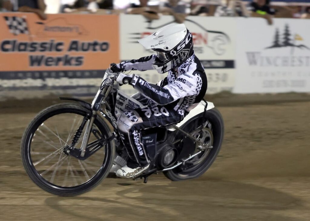 Broc Nicol comes out of turn two in a Speedways Best Pairs Championship heat race. Nicol and teammate Wilbur Hancock won the championship for the second season in row. Nicol was also the individual high scorer with 27 points. Aug 21 2026 - 2026 Speedway Best Pairs Championship.