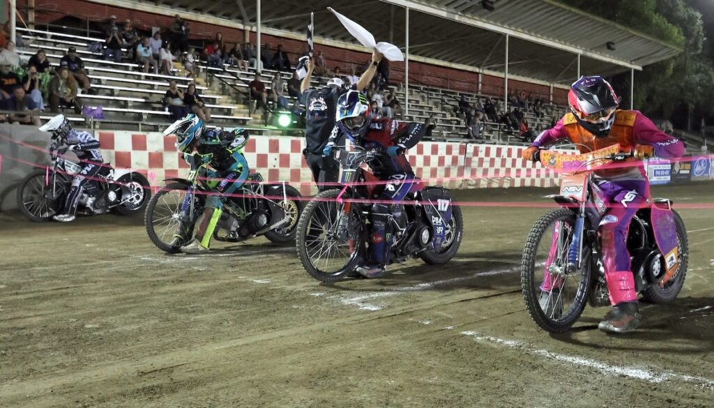 In the final race to determine the winner of the 2026 Best Pairs Championship, riders line up. (left-right) Broc Nicol, Chris Kerr, Wilbur Hancock and Russell Green. Nicol and teammate Hancock won the race and championship with first and second place finishes. Aug 21 2026 - 2026 Speedway Best Pairs Championship.
