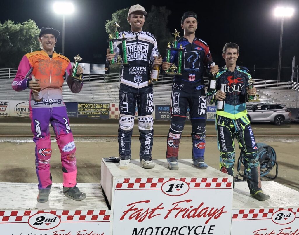 First and second place 2026 Speedways Best Pairs Champions. Second place finishers Russell Green (far left) and Chris Kerr (far right) and first place finishers Broc Nicol (middle left) and Wilbur Hancock (middle right) with their trophies. Aug 21 2026 - 2026 Speedway Best Pairs Championship.
