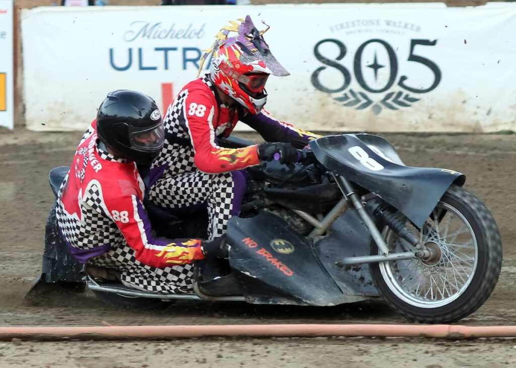 The winning form of the Extreme Sidecar team of Wade Boyd and Eric Lindauer. The duo won the Extreme Sidecar team won the main event. Aug 7 2026 - 2026 Speedway & Extreme Sidecars Round #3.