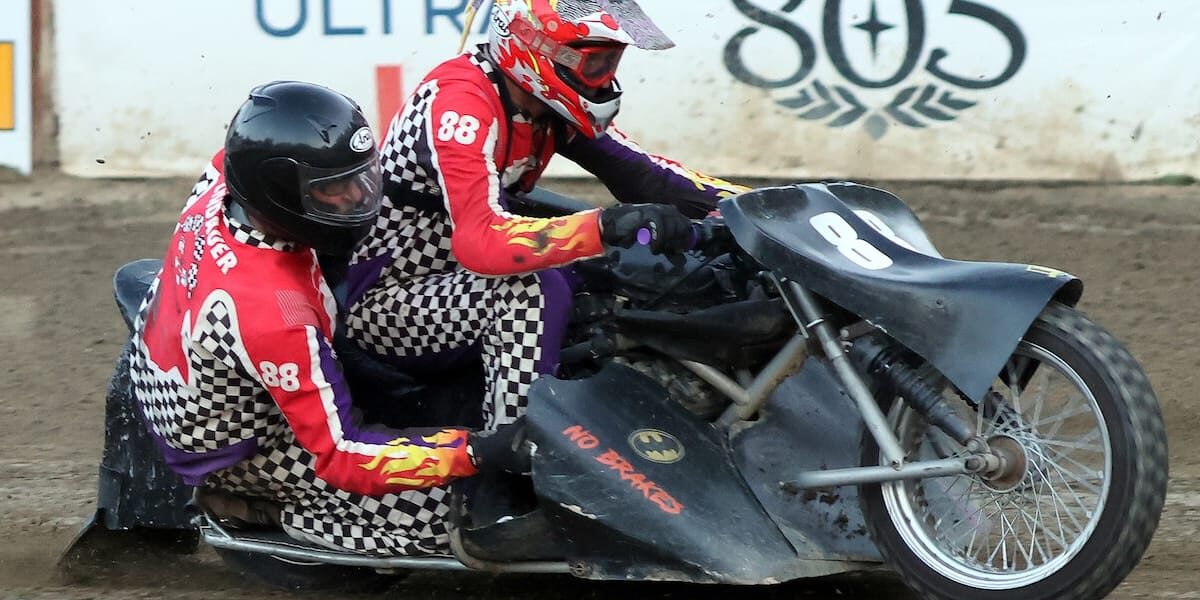 The winning form of the Extreme Sidecar team of Wade Boyd and Eric Lindauer. The duo won the Extreme Sidecar team won the main event. Aug 7 2026 - 2026 Speedway & Extreme Sidecars Round #3.