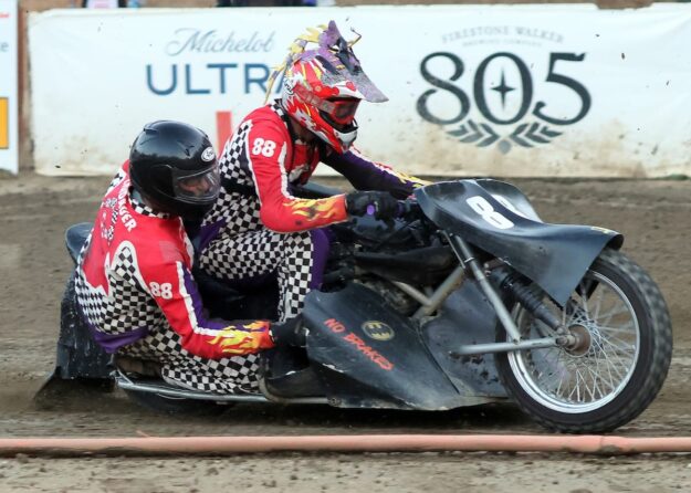 The winning form of the Extreme Sidecar team of Wade Boyd and Eric Lindauer. The duo won the Extreme Sidecar team won the main event. Aug 7 2026 - 2026 Speedway & Extreme Sidecars Round #3.