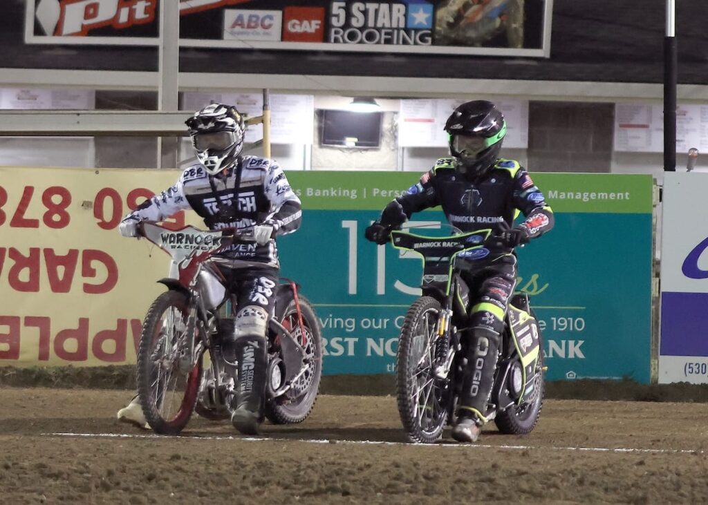 Broc Nicol (left) and Brady Landon (right) line up on the 80 yard-line, heavily handicapped for the start of the 25-Lap handicap main event. Landon won the grueling marathon race and also won the scratch main event. July 31 2026 - 2026 Speedway & 25 Lap Main Event.
