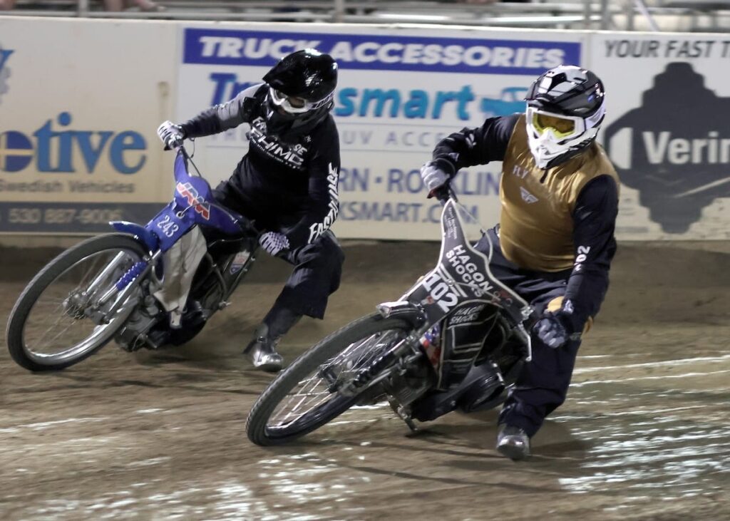 Sean McAndrew (right) won the Support D2 main event after moving up from the Support D3 division this week. Pictured with Cody Baugh (left). Aug 29 2026 - 2026 Speedway & Extreme Sidecars Round #4.