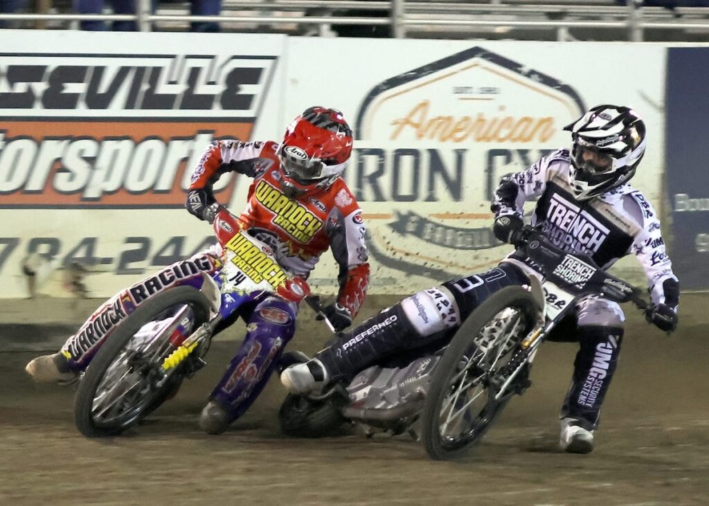 Billy Janniro (left) and Broc Nicol (right) in a heat race. Nicol finished third place in the national championship. Sept 19 2026 - 2026 AMA National Speedway Championship Series Final.