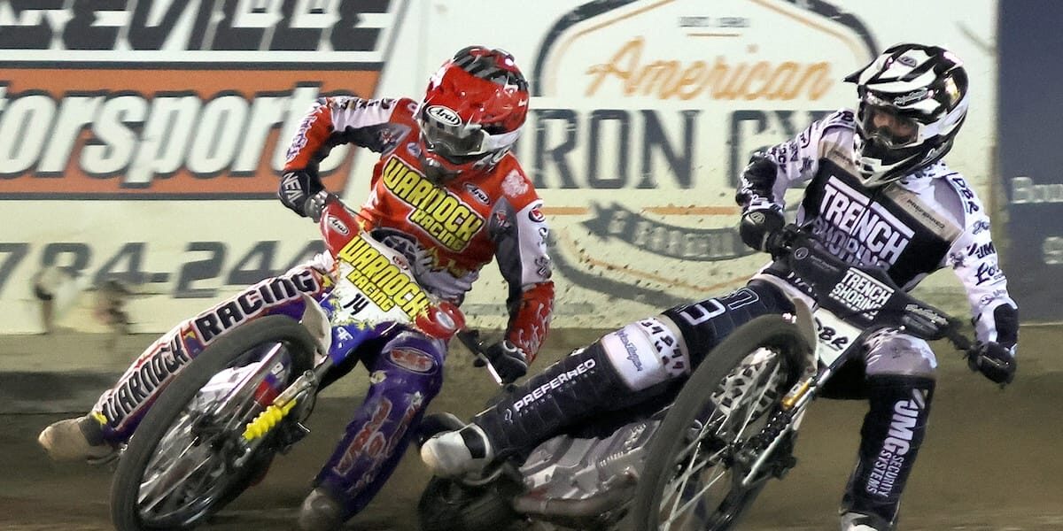 Sept 19 2026 – 2026 AMA National Speedway Championship Series Final – 2726 Janniro-Nicol Billy Janniro (left) and Broc Nicol (right) in a heat race. Nicol finished third place in the national championship. Sept 19 2026 - 2026 AMA National Speedway Championship Series Final.