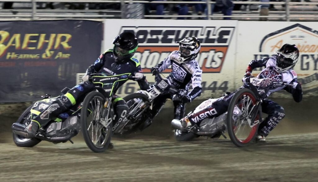 Brady Landon (left), Broc Nicol (middle) and Levi Leutz get tight in turn three during the national championship. Landon finished second and Nicol third in the championship. Sept 19 2026 - 2026 AMA National Speedway Championship Series Final.