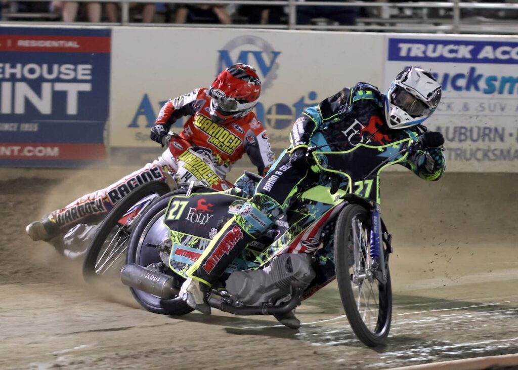 Local rider Chris Kerr (front) and Billy Janniro racing in a heat race. Sept 19 2026 - 2026 AMA National Speedway Championship Series Final.
