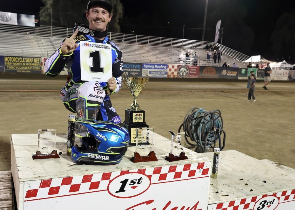 Max Ruml on the winner's podium after winning the 2026 AMA National Speedway Championship. Ruml was also national champion in 2023 and 2022. Sept 19 2026 - 2026 AMA National Speedway Championship Series Final.