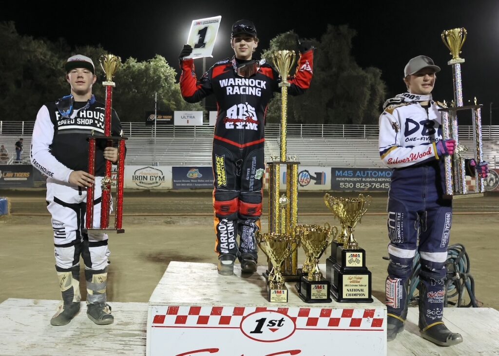 Youth 250cc winners, first-place Jameson Hutchinson (center), Wesley Rearick second-place (left) and Brandon Kemmerly third-place (right). Sept 26 2026 - 2026 AMA Extreme Sidecar National Championship & Youth 250cc and 150cc Nationals.