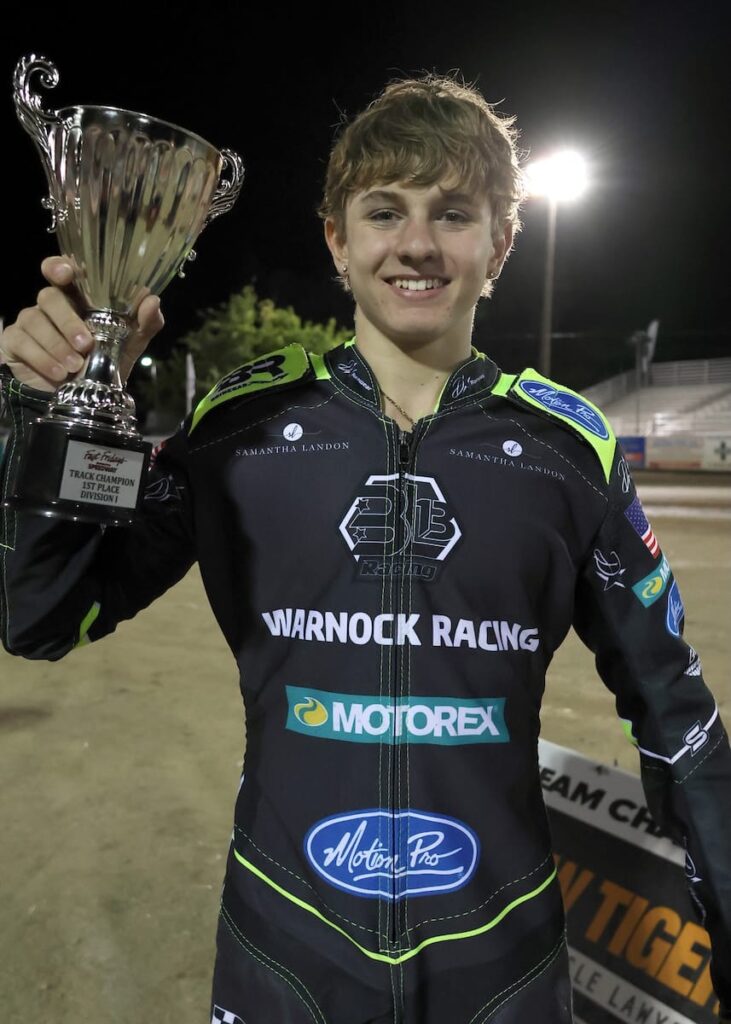 Brady Landon is the 2026 Fast Friday's Motorcycle Speedway Division Track Champion. Landon won scoring a perfect night winning all his races. Sept 5 2026 - 2026 Fast Fridays Track & Pee Wee Championships.